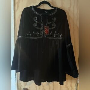 Gothic Black Velvet Beaded Baby Doll Flair Bell Sleeve Mini Dress NWT Boho Witch